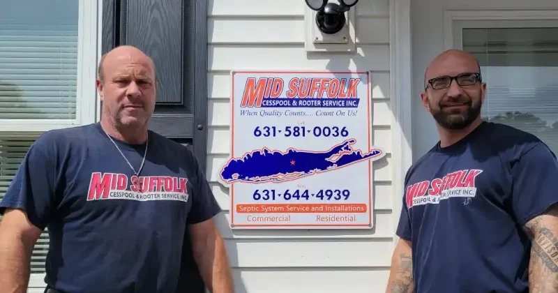 Two men in branded Mid Suffolk Cesspool and Rooter Service Inc. shirts stand in front of their company sign, which displays contact numbers for septic system services and installations. The setting is a residential building, highlighting their commercial and residential service offerings.
